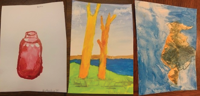 Natasha's watercolor paintings from her class. There are three paintings: One depicting a red bottle, one depicting yellow trees on a shoreline, and one depicting a blue abstract image.