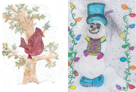 on the left side a drawing of a red cardinal sitting in a tree surrounded by snowflakes, on the right a drawing of a happy snowman surrounded by snowflakes in shades of blue and black